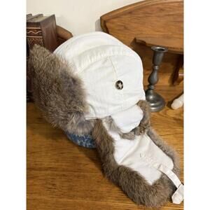 Mad Bomber Hat Mens Large Natural Real Rabbit Fur White Hunter Trapper